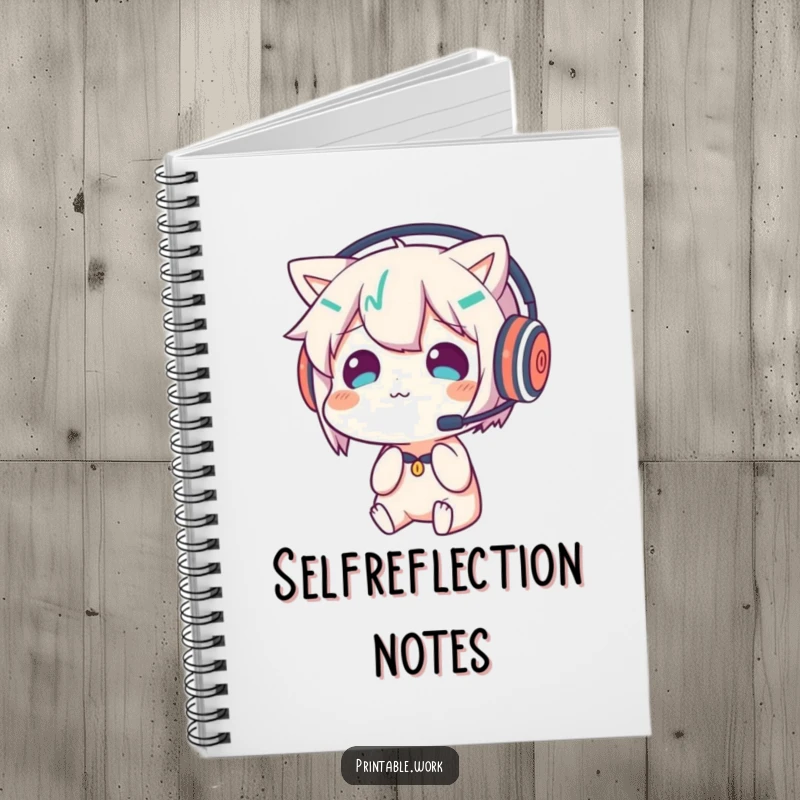 Funny notebook cover featuring a character wearing a headset and looking confused at its reflection, ideal for note-taking.