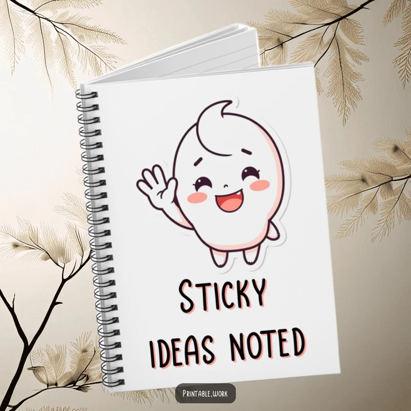 Funny waving sticker notebook with a cute, happy character smiling and waving enthusiastically, perfect for capturing notes and ideas with cheer.
