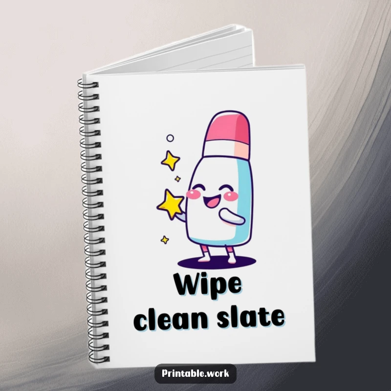 Funny giggling eraser character notebook, joyfully polishing a sparkling star, perfect for jotting down neat ideas.