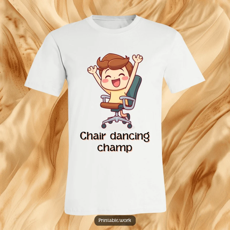 Funny t-shirt of a character joyfully dancing and spinning in an office chair, a humorous depiction of workplace fun and freedom.