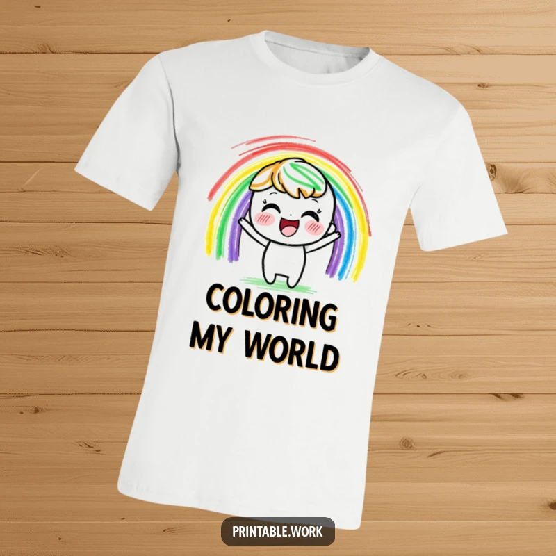 Funny delighted crayon character t-shirt, vibrantly drawing a rainbow with colorful strokes, ideal for showcasing artistic passion.