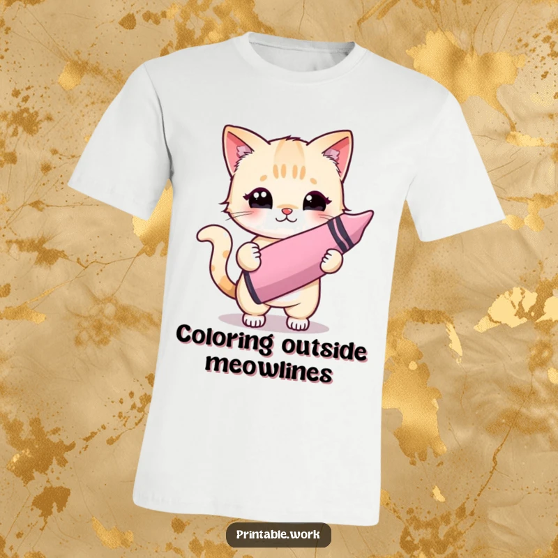 Funny Kawaii cat character artistically painting with a giant crayon, radiating joy and creativity on a comfortable tee.