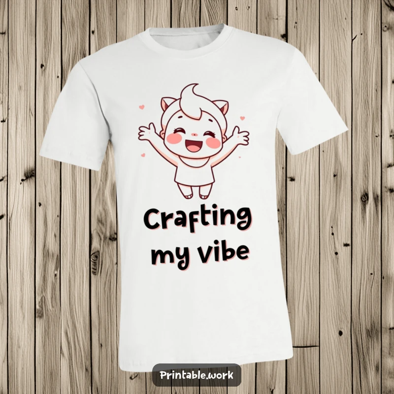 Funny t-shirt with a cute, smiling character happily decorating a printable item with artistic flair.