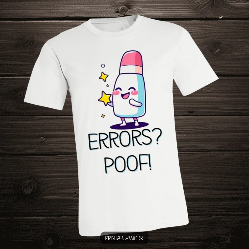 Funny giggling eraser character t-shirt, polishing a sparkling star with joy, ideal for celebrating neatness and flawlessness.