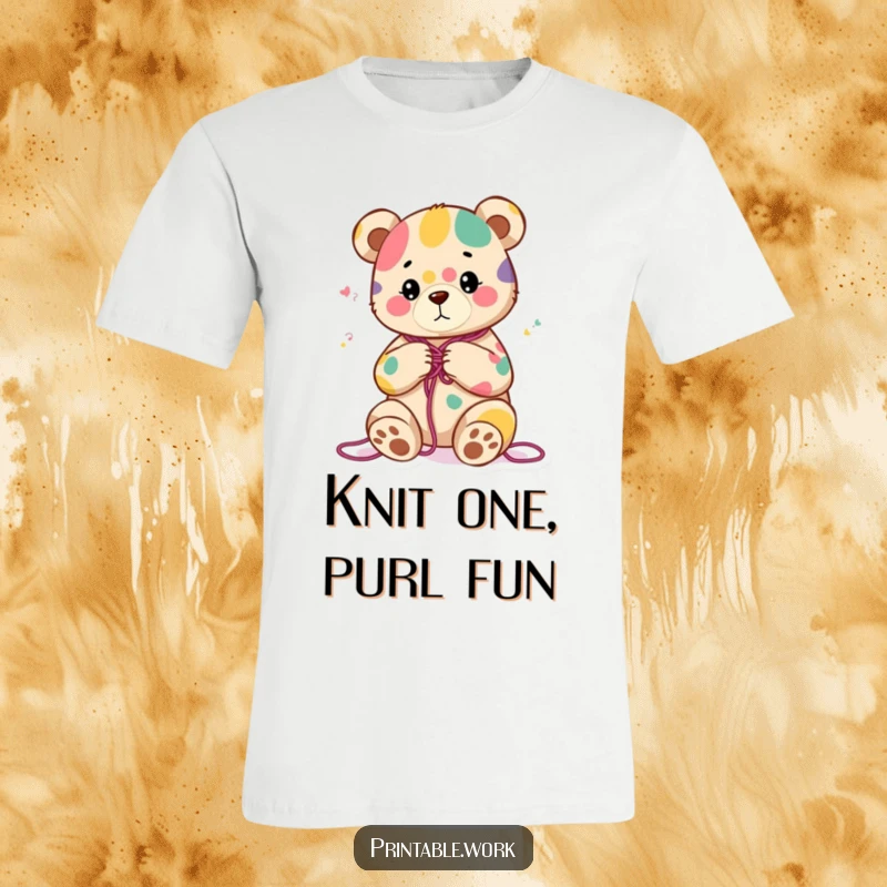 Funny t-shirt with a content bear character engrossed in knitting a vibrant, abstract yarn pattern, radiating peace and creativity.