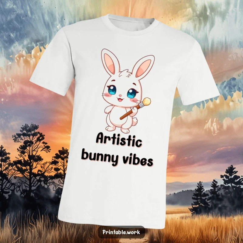 Funny Bunny Artist T-Shirt: A cheerful bunny with bright eyes and a paintbrush, ready to create colorful masterpieces, perfect for art lovers.