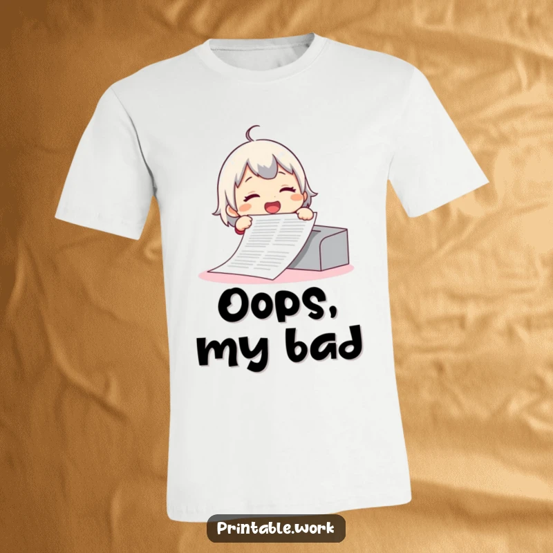 Funny t-shirt featuring a giggling character joyfully printing an absurdly long document, a relatable and hilarious office joke.