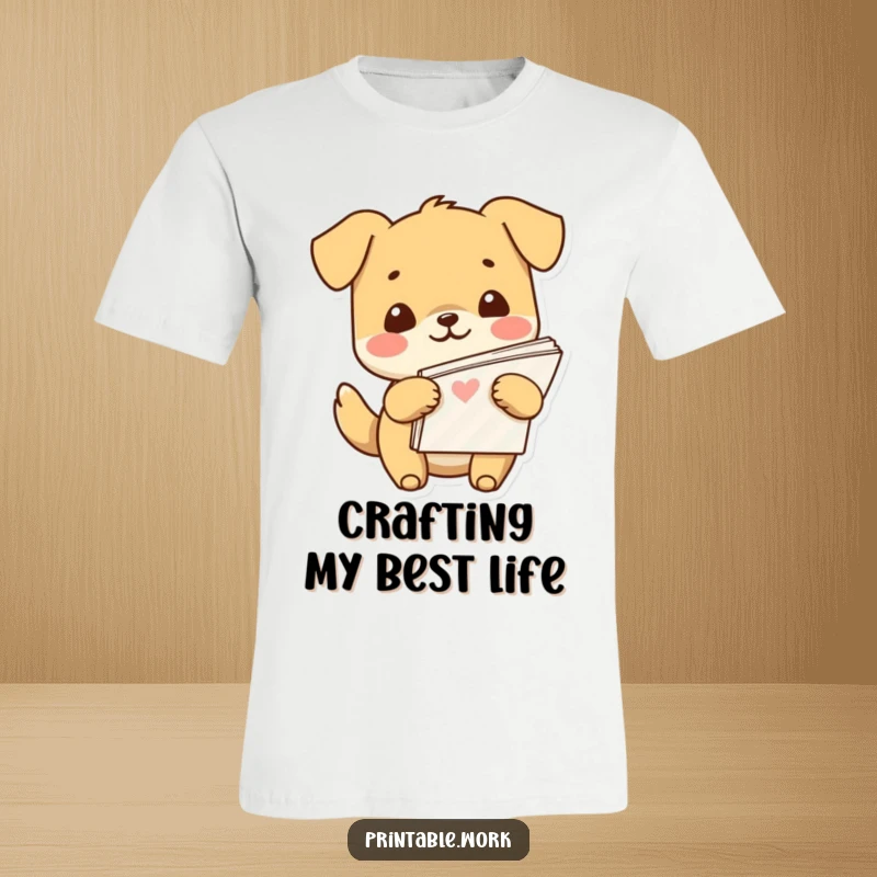 Funny Kawaii dog character proudly holding a stack of patterned paper, radiating happiness on a soft and comfortable t-shirt.