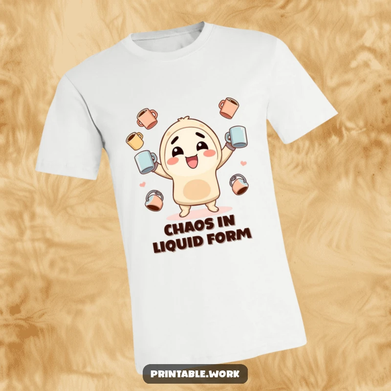 Funny T-Shirt: Adorable kawaii character energetically juggling coffee mugs, embodying pure joy and a love for caffeine, a great gift.