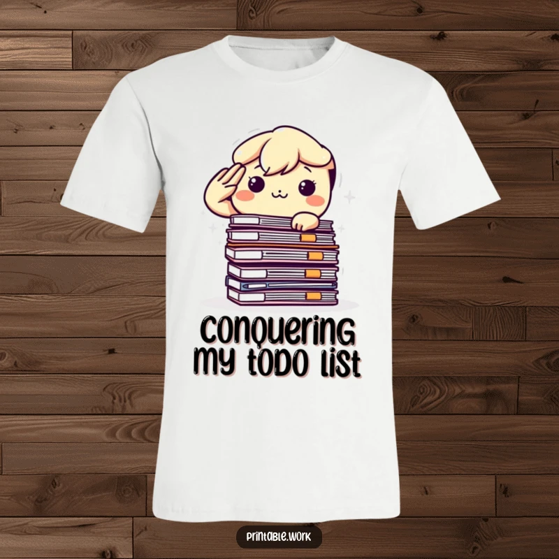 Funny Kawaii Office T-Shirt: Determined character giving a salute to a massive stack of files, exuding workplace bravery.