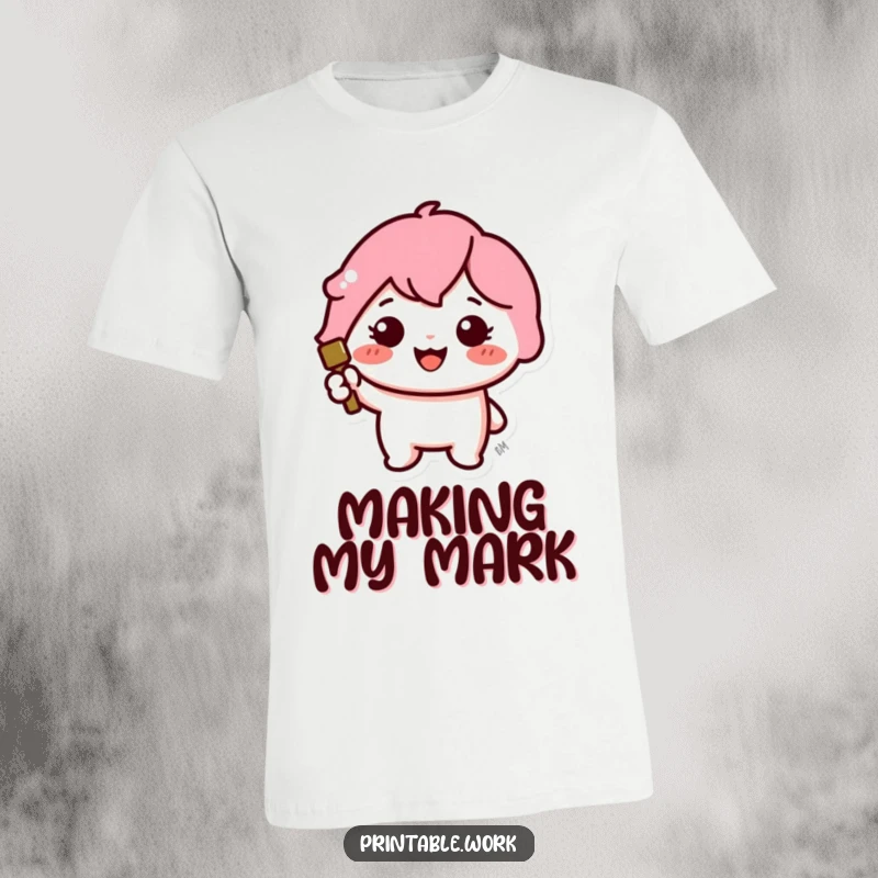 Funny t-shirt with a cute Kawaii character happily stamping a large, brightly colored icon.