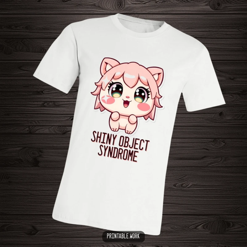 Funny Kawaii character with wide, captivated eyes staring intently at a dazzling, sparkling sticker on a humorous t-shirt.