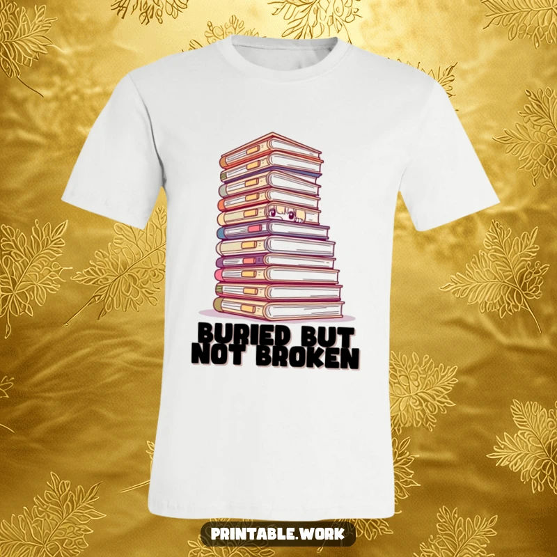 Funny t-shirt showing a character hiding behind a gigantic pile of office files, expressing comic relief and relatable work struggles.