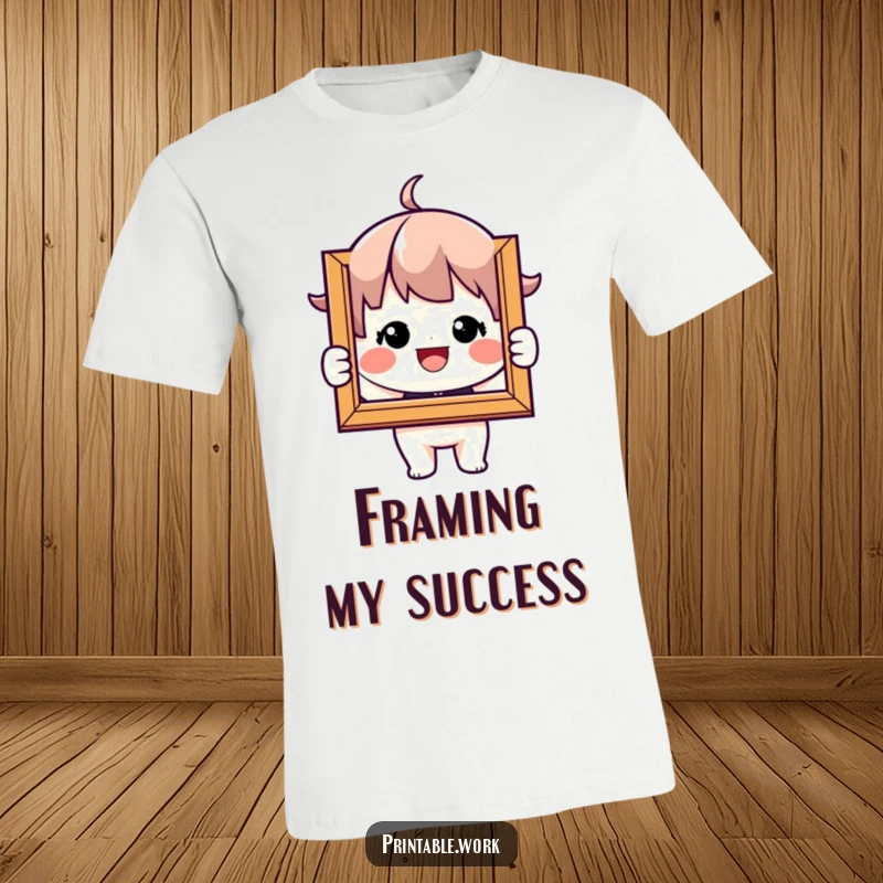 Funny T-Shirt: Character beams, holding a framed picture, celebrating cherished moments with infectious happiness.
