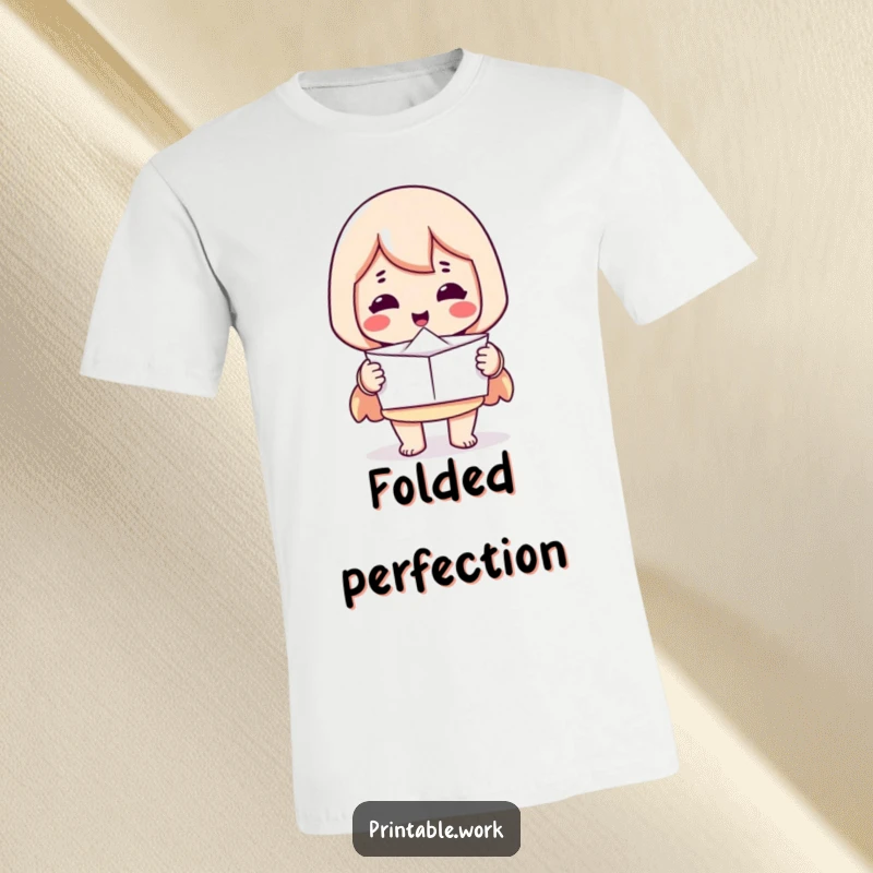 Funny t-shirt: Printer character offering a perfectly folded piece of paper, celebrating neatness and precision.