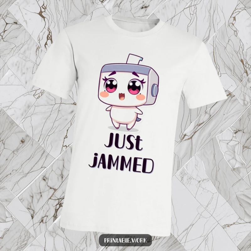 Funny t-shirt: Wide-eyed printer character comically shocked by a flying staple mid-air, office mishap humor.