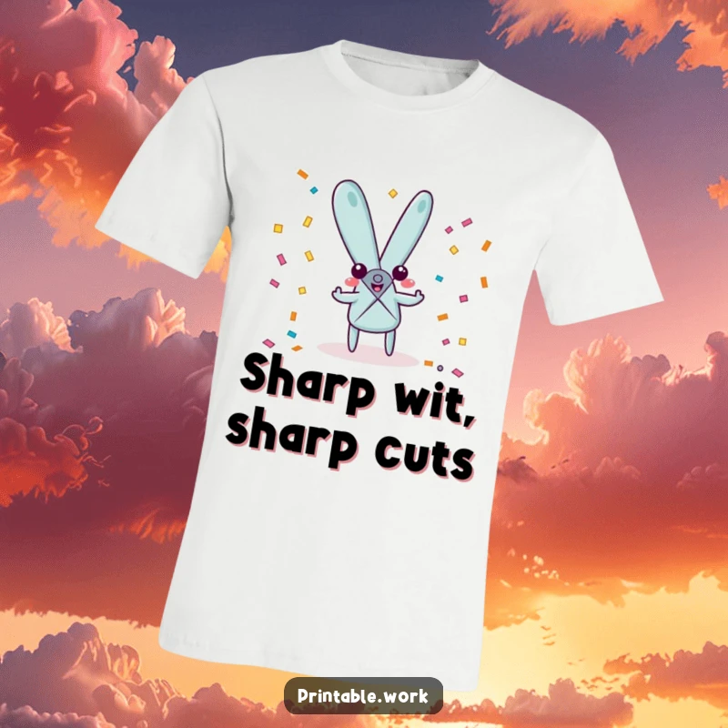 Funny playful scissors character t-shirt, cheerfully snipping confetti, ideal for celebrating parties and crafting fun.