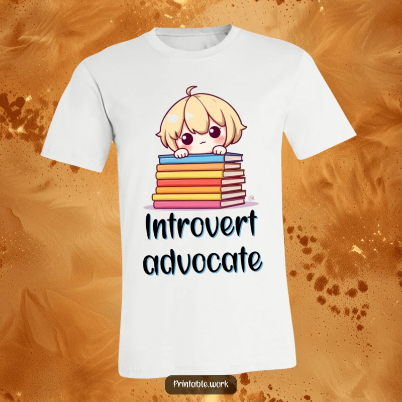 Funny T-Shirt: Shy Kawaii character peeking around colorful book pages, a humorous and cute outfit.