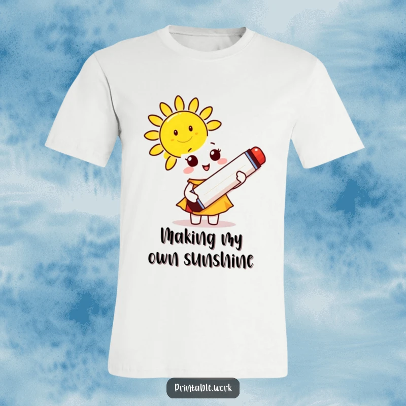 Funny T-Shirt: A cute character grasps a giant marker, diligently drawing a cheerful, smiling sun.