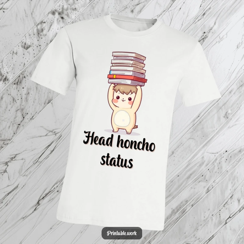 Funny t-shirt featuring a character struggling to balance a huge stack of documents on its head, office humor.