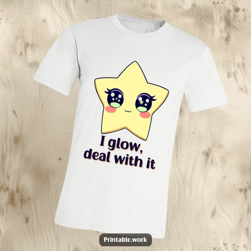 Funny T-Shirt with a paper star character's eyes wide open, sparkling with enthusiasm and brightness. A humorous and energetic design.