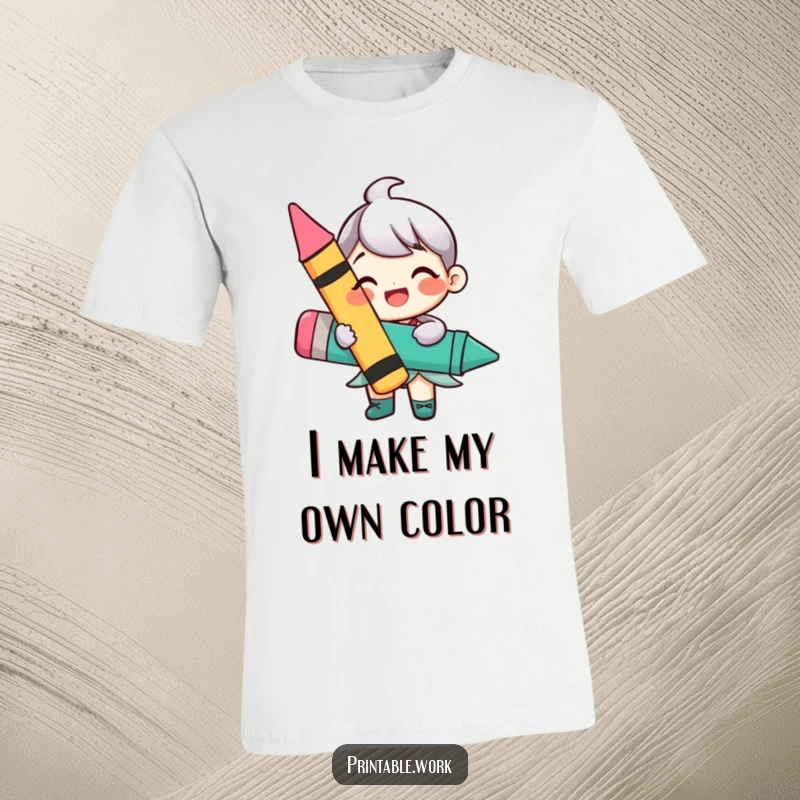 Funny t-shirt depicting a cheerful character clutching a massive, bright crayon, embodying pure artistic happiness and fun.