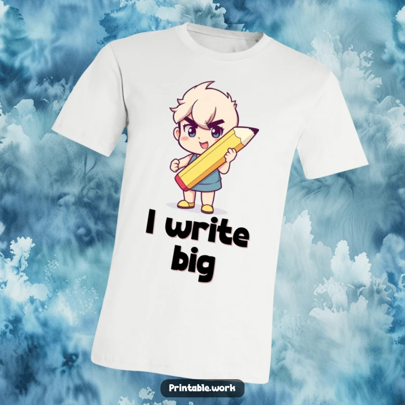 Funny t-shirt showing a character holding a giant pencil, with a happy, determined look, ready to create.
