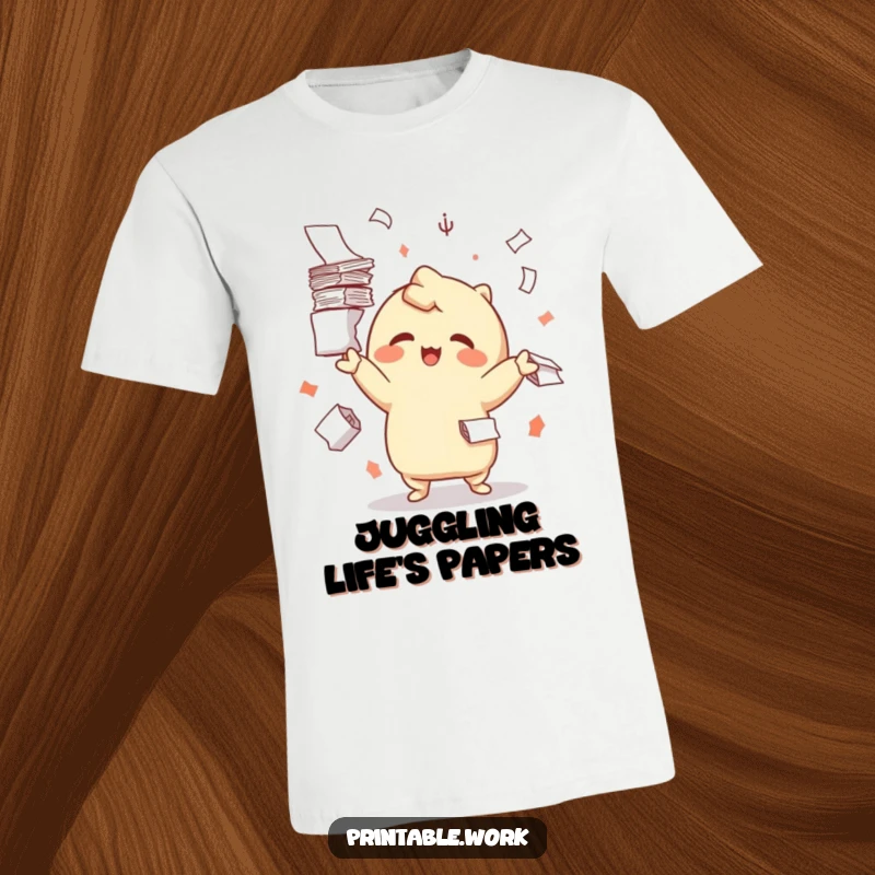 Funny t-shirt depicting a happy Kawaii character skillfully juggling piles of documents, symbolizing cheerful diligence.