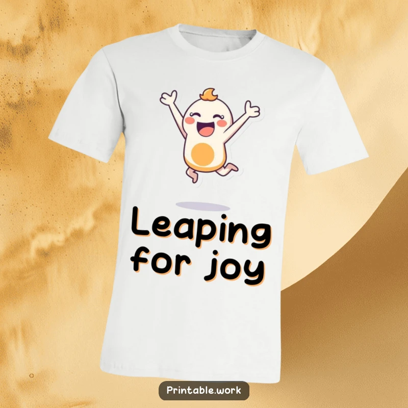 Funny t-shirt of a bouncing character performing a joyful leap while holding a stencil, celebrating energetic creativity and artistic freedom.