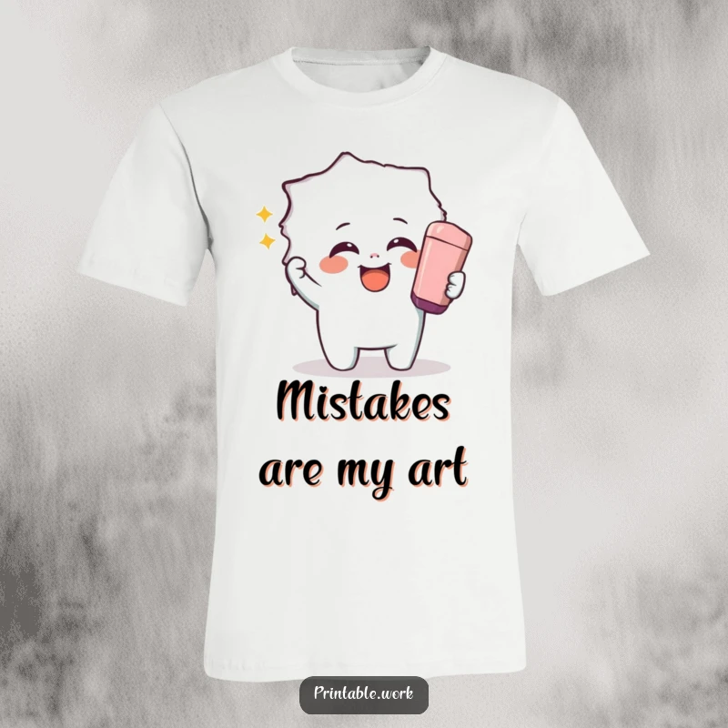 Funny t-shirt of a giggling character enthusiastically using a giant eraser to uncover a hidden image, celebrating playful revelation.