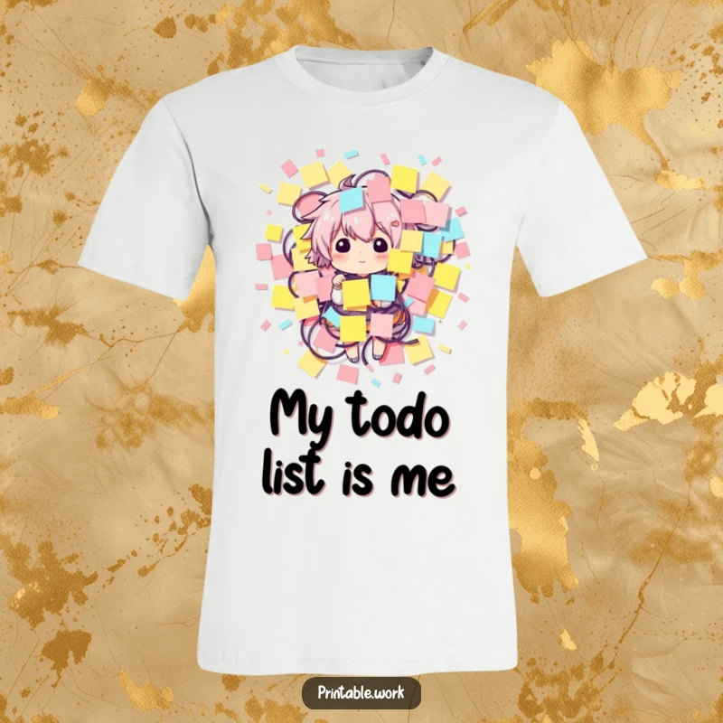 Funny t-shirt design of a character comically entangled in countless sticky notes, perfect for organized chaos enthusiasts.