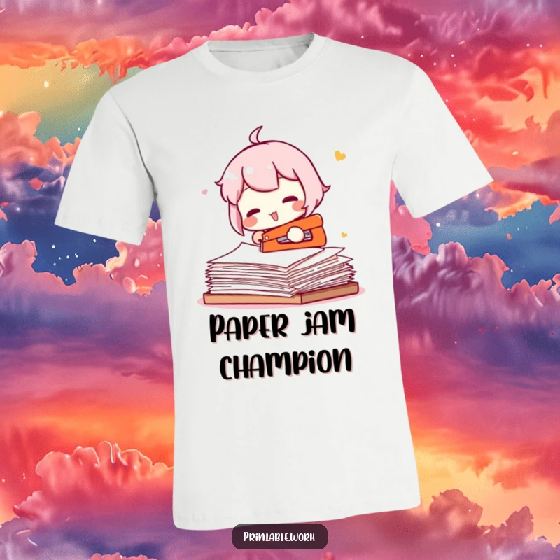 Funny t-shirt design of a character attempting to staple a massive ream of paper, capturing office struggles humorously.