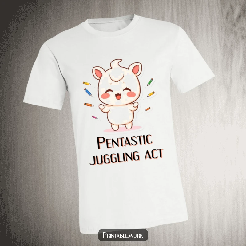 Funny T-Shirt: A giggling Kawaii character is enthusiastically juggling small, vibrant pens in a playful, dynamic pose.