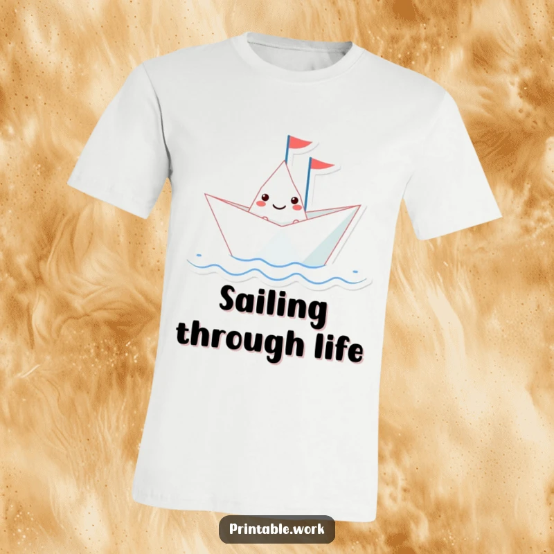 Funny paper boat character with a tiny flag sailing on a wavy line, printed on a comfortable t-shirt, embodying fun.