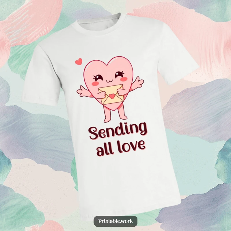 Funny Paper Heart T-Shirt: A paper heart character opens its arms wide to hug a tiny envelope, representing warmth and affection.