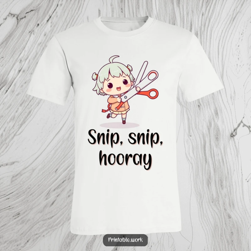 Funny T-Shirt: Character performs a lively jig with enormous scissors, celebrating fun and freedom.
