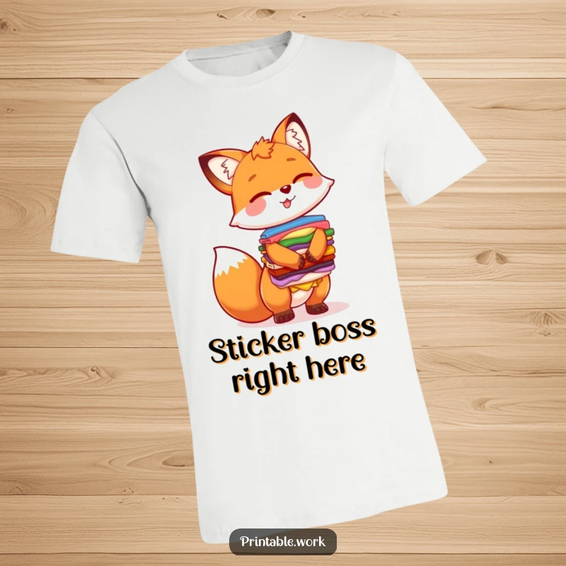 Funny t-shirt featuring a gleeful fox character with a stack of bright, assorted stickers, expressing pure joy and artistic ambition.