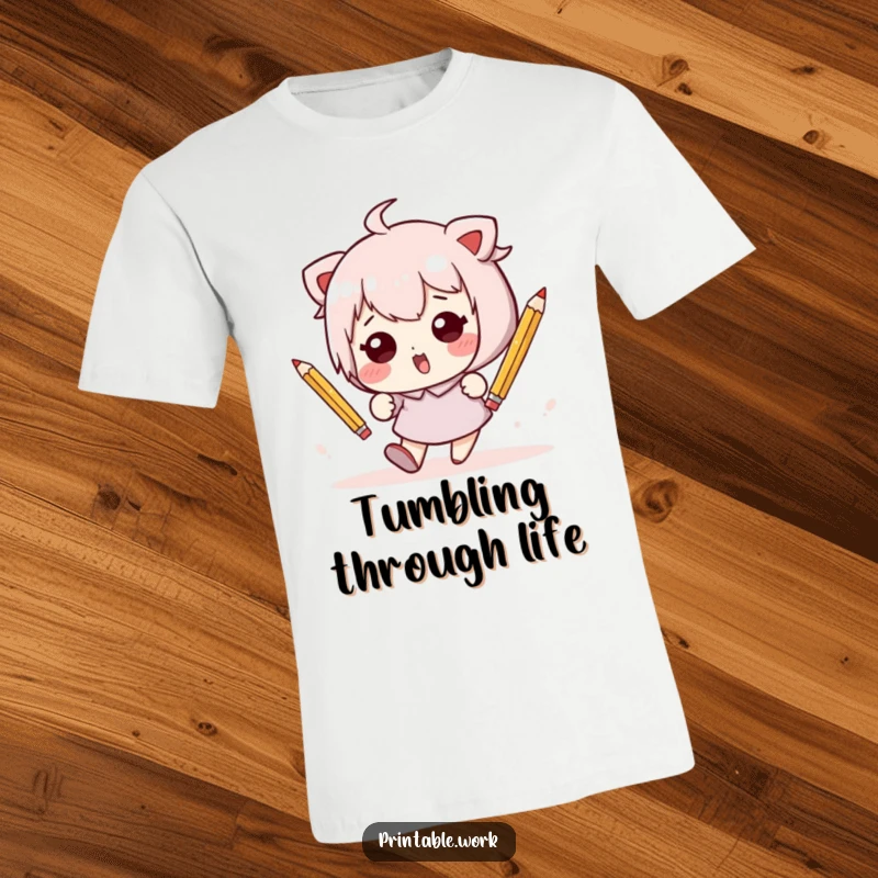 Funny Kawaii character in a comical, clumsy tumble surrounded by flying pencils on a humorous and comfortable t-shirt.