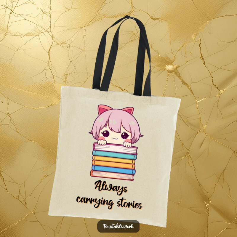 Funny tote bag featuring a shy character peeking from behind a stack of colorful book pages, perfect for carrying books and essentials.