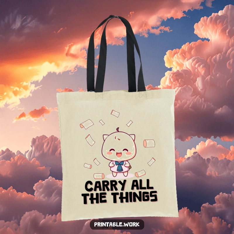 Funny Juggling Paper Tote Bag: A character with a grin playfully juggling tiny rolls of paper, practical and amusing.