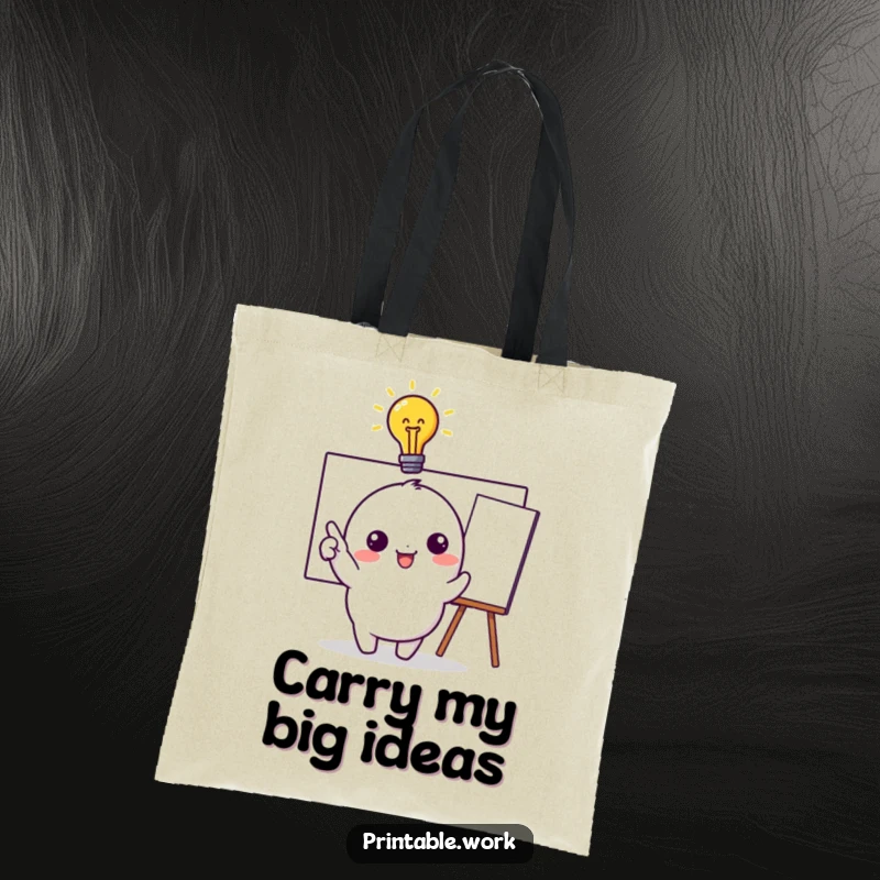 Funny Tote Bag: Cute kawaii character with an idea lightbulb points to a whiteboard, perfect for carrying inspiration and daily items.