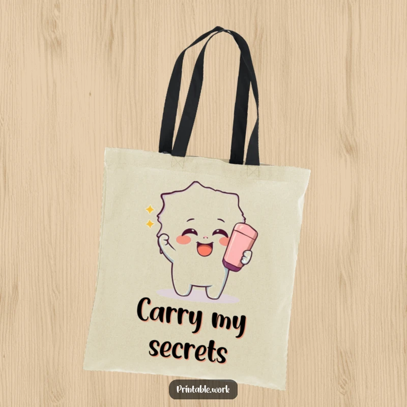 Funny tote bag featuring a giggling character using a giant eraser to reveal a hidden image, perfect for carrying secrets and smiles.
