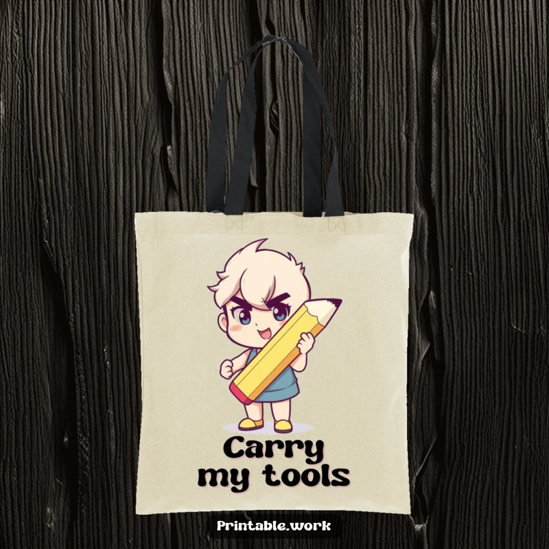 Funny tote bag featuring a character holding a giant pencil, perfect for carrying creative supplies with humor.