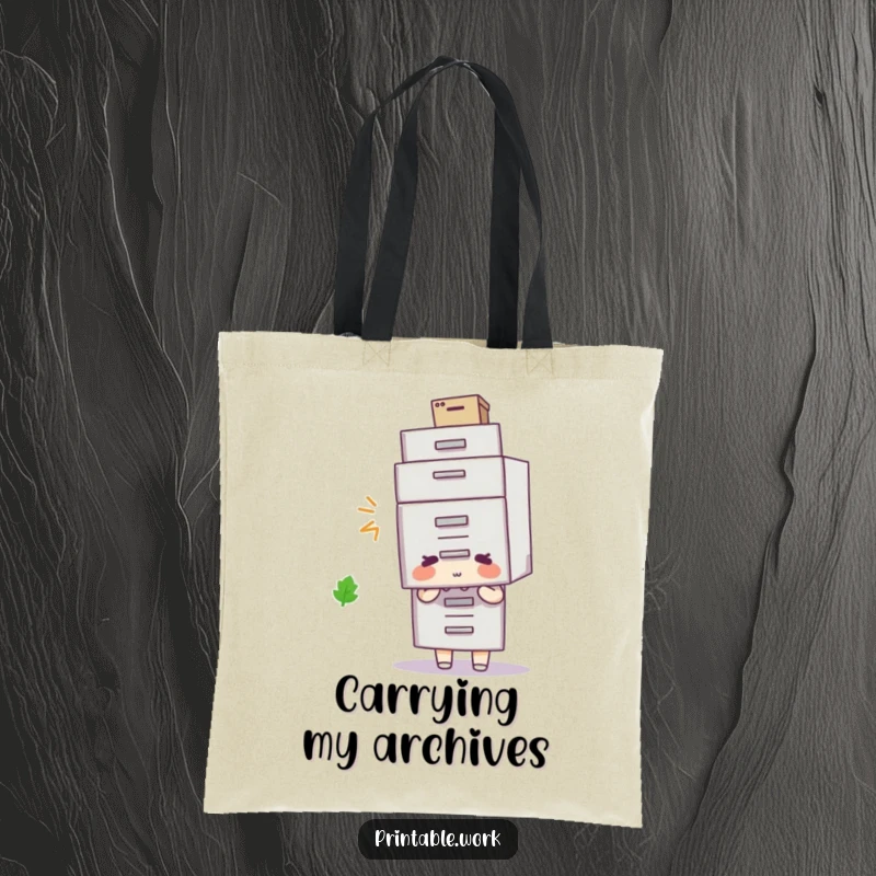 Funny filing cabinet hat tote bag, character wearing a filing cabinet on head, humorous office accessory.