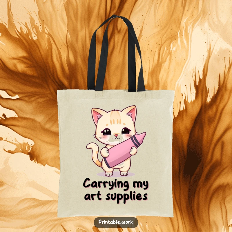Funny Kawaii cat character with a crayon on a tote bag, ready for art adventures and humorous outings.