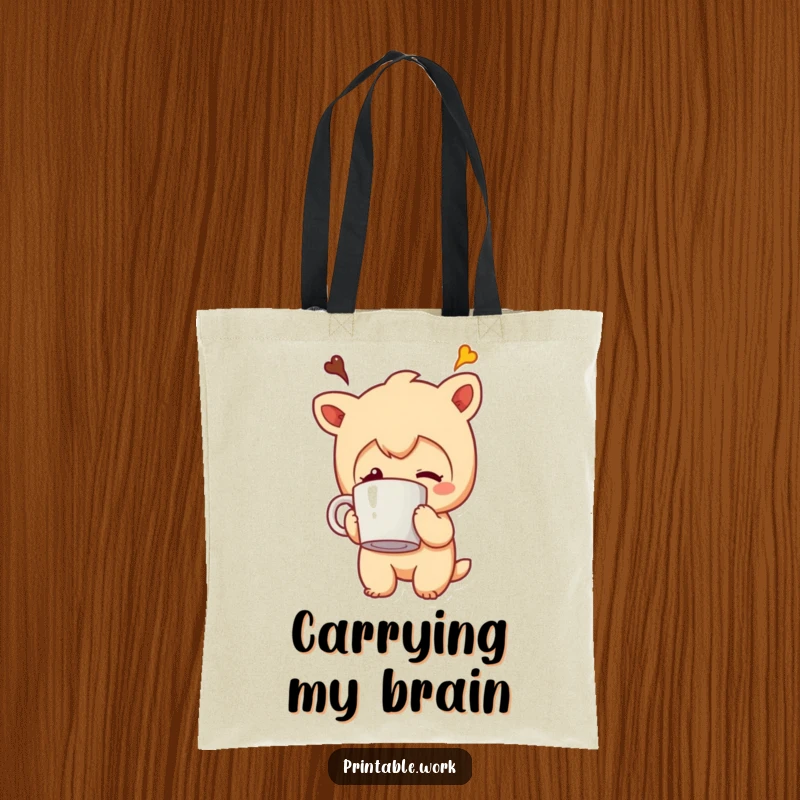 Funny tote bag displaying a character with its coffee mug comically stuck on its head, ideal for daily use and laughs.