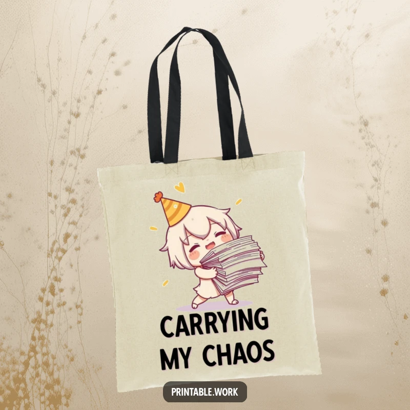Funny Tripping Character Tote Bag: A cute character tripping with papers, printed on a spacious bag for a funny and practical accessory.