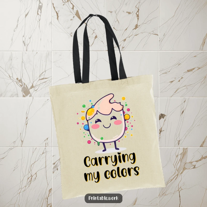 Funny tote bag with a smiling paint brush splashing colorful dots, perfect for artists and a vibrant, funny gift.