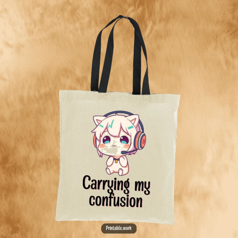 Funny tote bag with a character humorously wearing a headset and looking confused at its own reflection, ideal for carrying daily items.