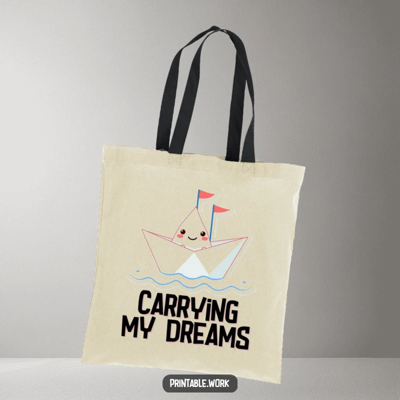 Funny paper boat character with a tiny flag sailing on a wavy line, printed on a durable tote bag, ideal for errands.